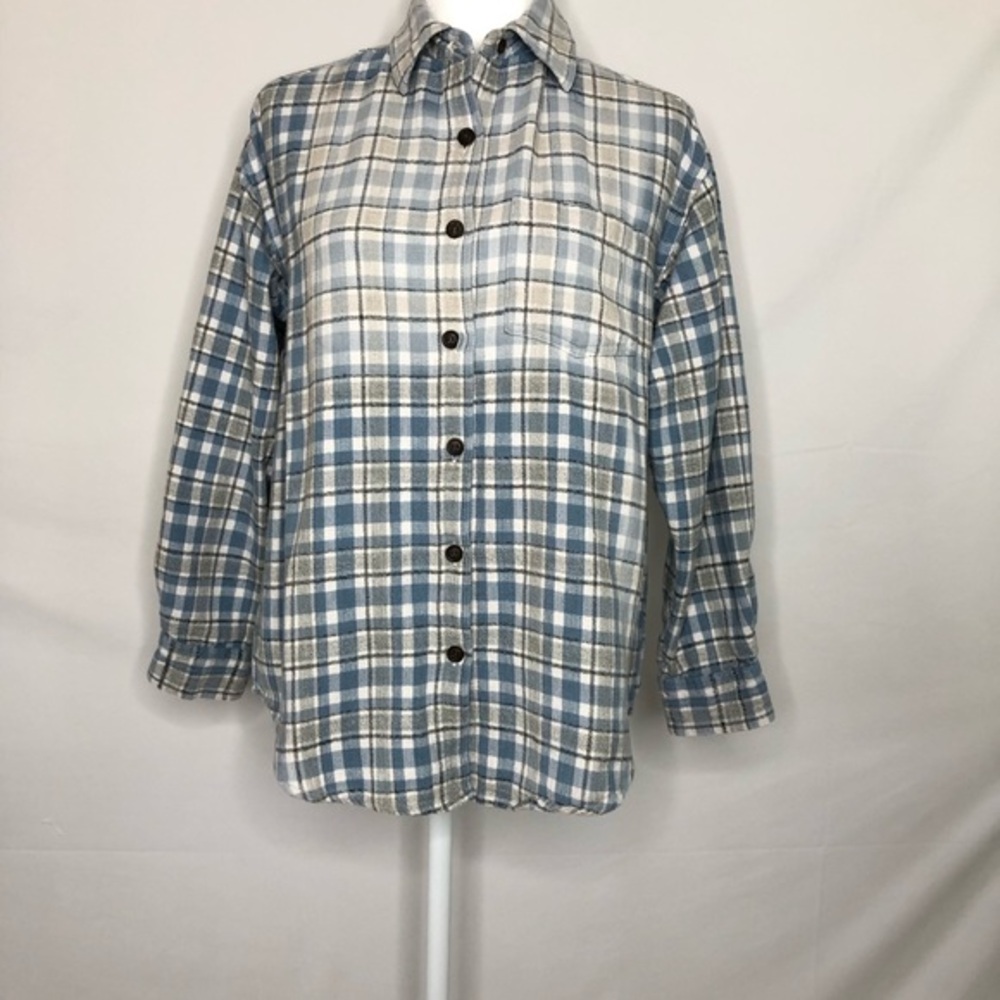 At last & Co blue plaid flannel button down shirt medium